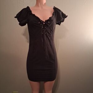 Fashion Nova Black Lace-Up Mini Dress Puff Sleeve Bodycon Size L